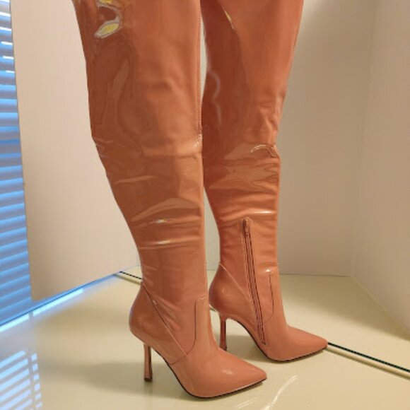 Steve Madden Over-the-Knee Pink Patent Leather Heeled Boots - Picture 3 of 10